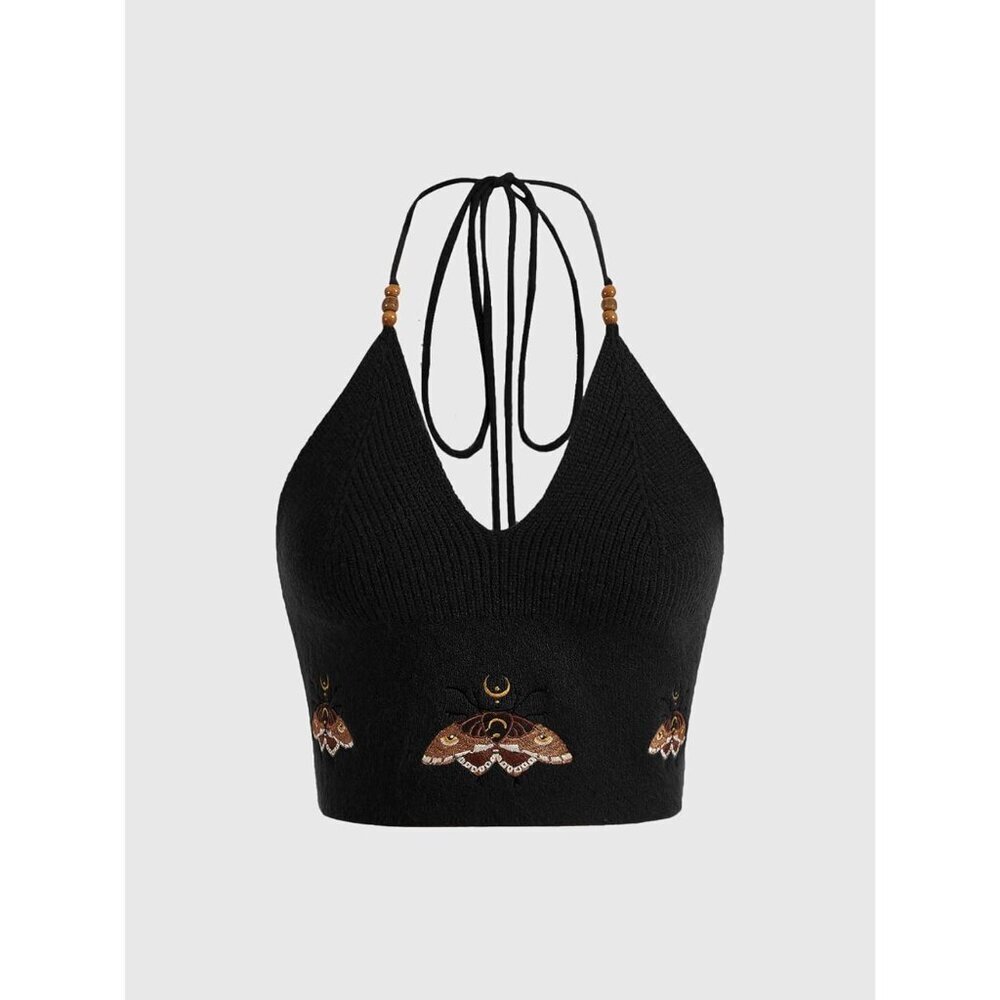 Women's Crochet Halter Top Acrylic V Neck Crop for Beach Party Night Out - Picture 5 of 5